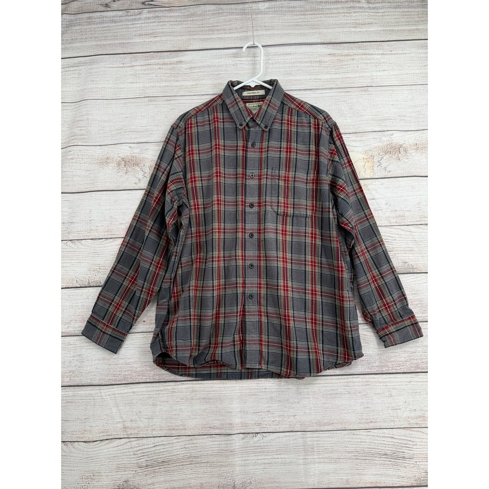 L.L. Bean Button Down Shirt Mens L Grey Red Plaid Traditional Fit 228061